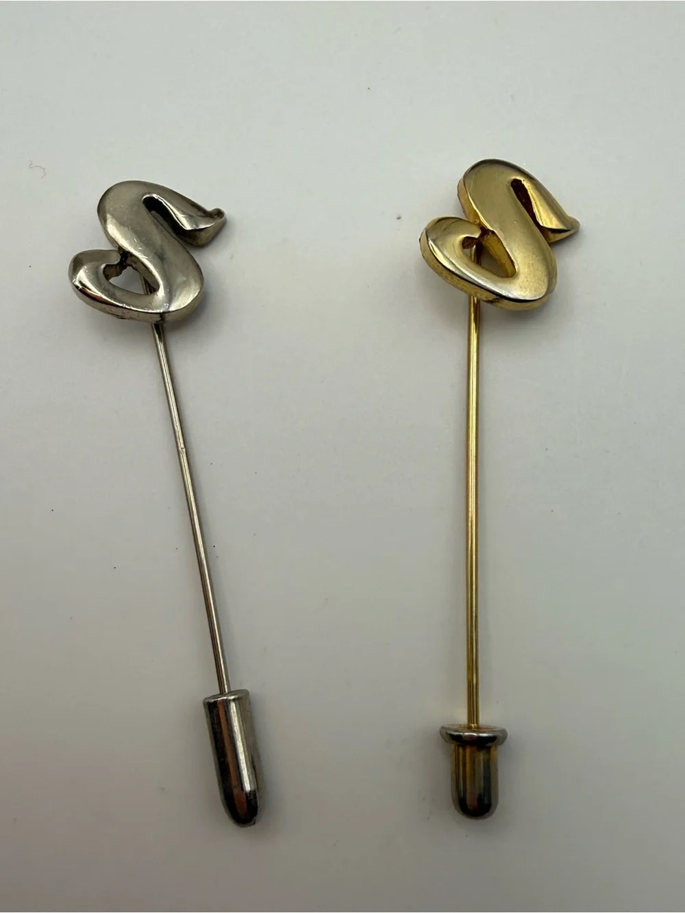 Vintage Gold & Silver Tone Initial “S” Stick Pins – Set of 2